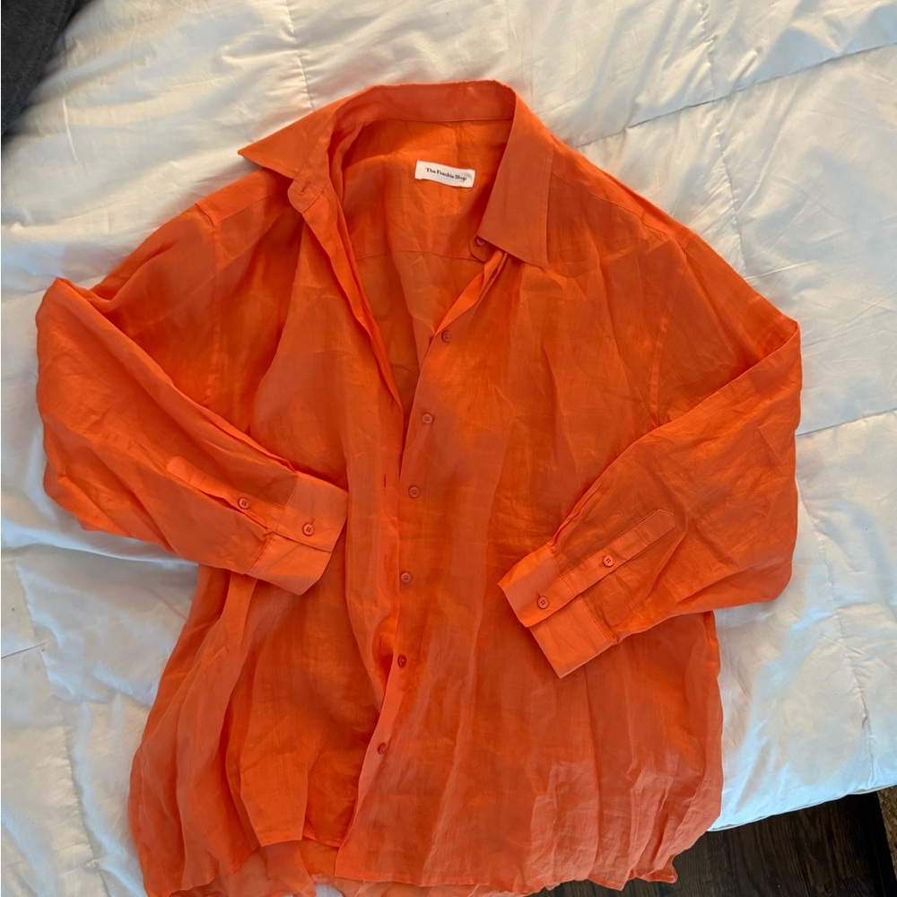 The Frankie Shop Marlow Oversized Linen Shirt in Tangerine